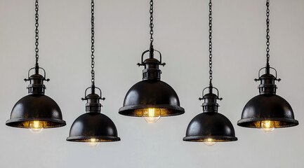 A set of black pendant lights with an industrial style, hanging from the ceiling against a white background.