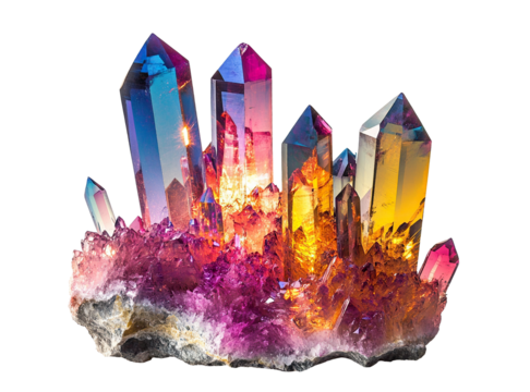 Vibrant gemstone cluster with sparkling surfaces, isolated on transparent cutout background