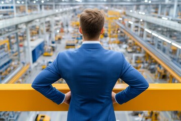 Fototapeta premium An executive overlooking factory operations from a glass-walled office, symbolizing hands-on leadership