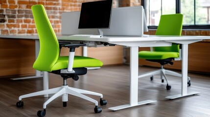 Modern Workspace with Green Chairs and Computer in Bright Office