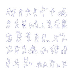 Line art people bundle. Men and women in flat vector style doing outdoor activities. Minimal outline characters set isolated on white background for lifestyle, sport, leisure design.