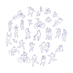 Line art people bundle. Men and women in minimal flat outline style doing outdoor activities. Vector characters set isolated on white background for lifestyle, sport, recreation designs