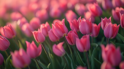 Obraz premium Pink tulips flowers in the morning light, spring nature.