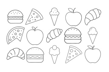 15 Food Line Art Illustrations | Burger, Pizza, Ice Cream, Apple, and Croissant Outline Icons