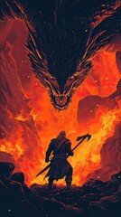 Fototapeta premium Warrior Faces Fiery Dragon Inferno Battle