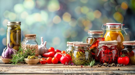 Jars of pickled vegetables and spices arranged on a wooden table