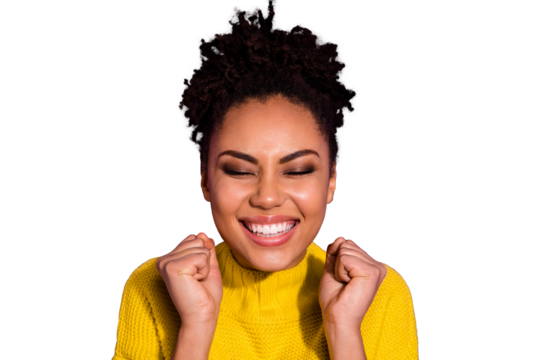 Close up photo of delighted person people raise fists close eyes wear yellow jumper sweater isolated over violet background