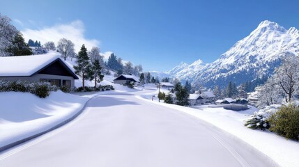 Snow-covered landscape with houses and mountains under a clear sky.