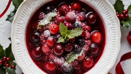 close-up holiday cranberry sauce Christmas garnished cranberries mint sprigs powdered sugar porcelain bowl