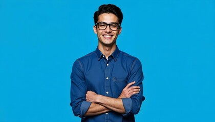 A young Hispanic man wearing a fitted blue shirt and stylish glasses, standing confidently with arms crossed. He is smiling positively and is isolated against a vibrant blue background.