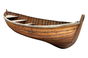 A traditional wooden boat isolated on a transparent background, ideal for nautical-themed projects, maritime designs, or showcasing classic wooden craftsmanship.