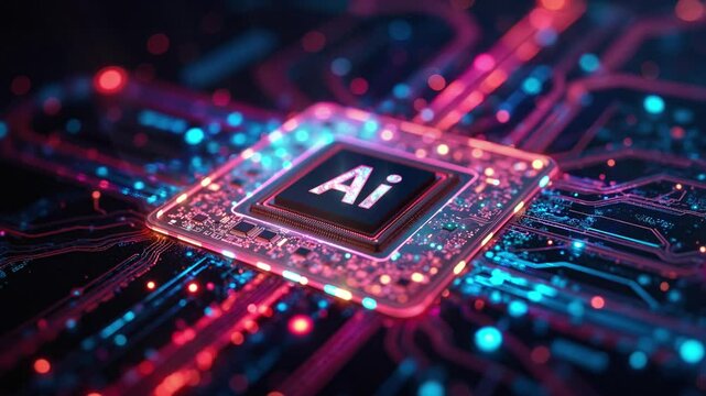 Looped animation of a glowing AI processor with data processing elements, representing compute power and continuous model training in artificial intelligence.