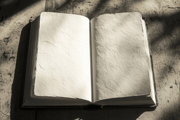 Open book with empty, textured pages bathed in soft shadows and light on an aged wooden surface, evoking themes of silence, untold stories, and memory