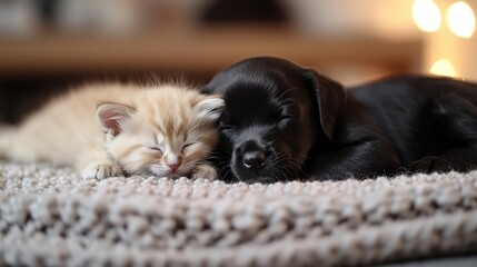 Playful kitten and puppy snuggling together on a soft blanket in a cozy home setting heartwarming animal companionship