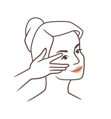 Body care. Female beauty. Makeup or skincare cosmetic procedures. Girl making facial massage. Face touch. Person applying facial moisturizing cream. Vector beautiful woman line portrait