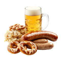 Delicious Bratwurst Sausage, Sauerkraut, Pretzels, and Beer, Perfect for Oktoberfest, Isolated on a Transparent Background