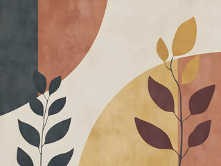 Abstract design featuring leaves and geometric shapes in warm colors.