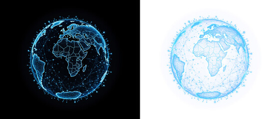 a glowing blue sphere with network lines and dots around it, representing a world map, on black or transparent alpha background
