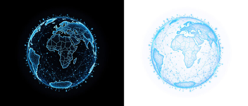 Fototapeta a glowing blue sphere with network lines and dots around it, representing a world map, on black or transparent alpha background