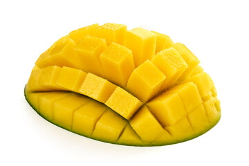 Beautifully sliced mango, tropical fruit, isolated on white background. High resolution image.