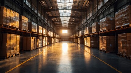 Fototapeta premium A spacious warehouse filled with stacked pallets, illuminated by sunlight through windows.