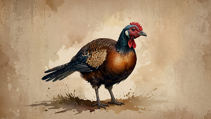 Fototapeta premium Watercolor drawing of a turkey in vintage style