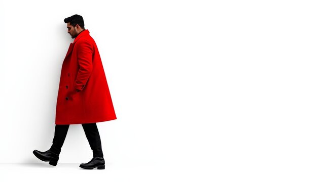 Red Coat Confidence: A stylish man confidently strolls in a vibrant red coat, exuding an aura of sophistication and urban cool.
