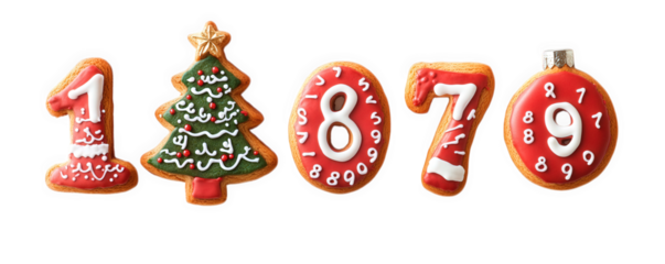 Christmas Cookies Shaped As Numbers And A Tree, on transparent background , png
