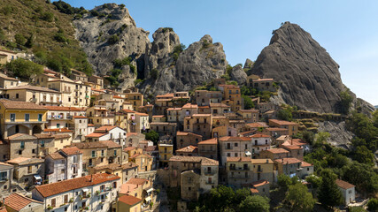 Aerial view of Castelmezzano, in the province of Potenza, Basilicata, Italy. It is a small town built on a mountain in the Dolomiti Lucane park.