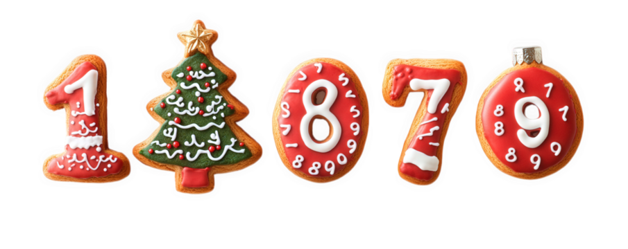 Christmas Cookies Shaped As Numbers And A Tree, on transparent background , png