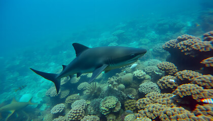 Obraz premium Powerful Shark in Motion: Underwater Coral Reef Scene