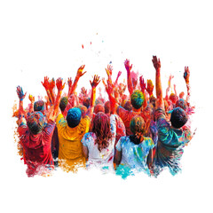 A lively crowd celebrating traditional Holi, filled with festive joy and vibrant colors, isolated on a transparent background.