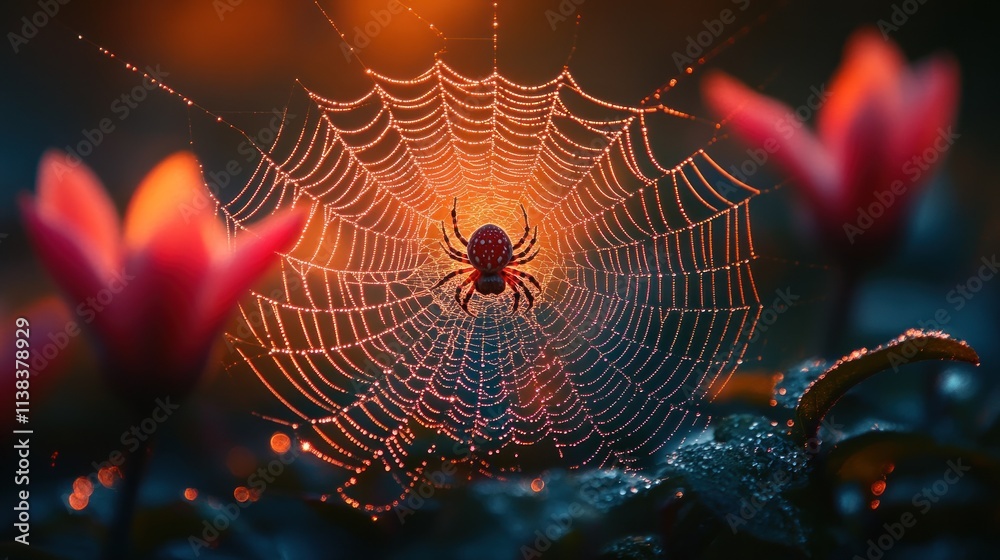 Poster a spider sits in its intricate web adorned with dew, surrounded by blooming flowers.
