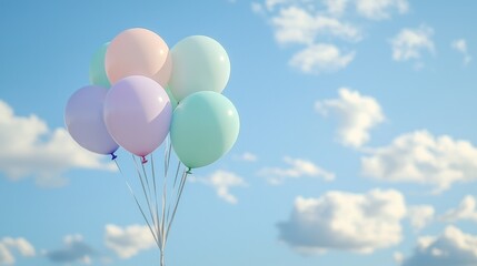 A cluster of pastel balloons floats against a bright blue sky dotted with fluffy white clouds, evoking a sense of joy and celebration.
