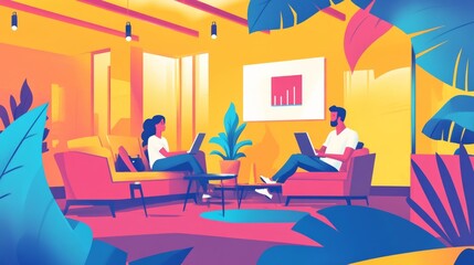 Successful business people working together in a coworking office. Two business professionals working on a tech project. Business colleagues talking to each other.