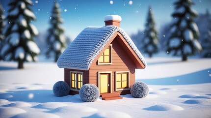 Naklejka premium Cute 3d style illustration of a house keeping warm in winter with a knitted hat, Snow winter house with hat, 4k image