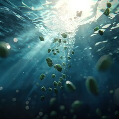 Fototapeta premium Floating bluishgreen bacteria in blue water underwater scene