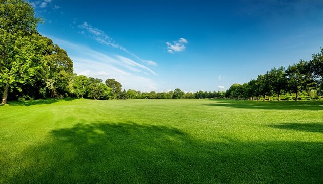an open grassy field in a public park with well kept grass and a backdrop of mature trees and blue sky