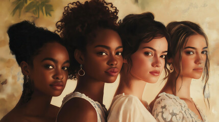 Obraz premium Portrait of young multiracial women standing together and smiling. Friendship and togetherness concept 