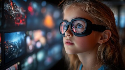 Young Girl Wearing Glasses Views Digital Screens