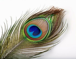 Obraz premium isolated peacock feather on a pristine white background showcasing the intricate patterns and vibrant colors of the peacock feather perfect for artistic and design projects featuring peacock feather
