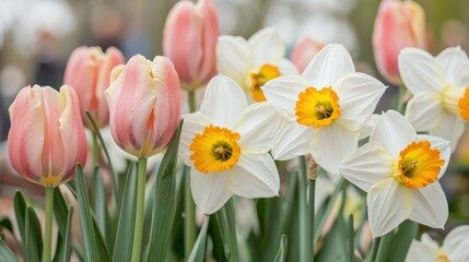 Obraz premium Spring blooming tulips and daffodils vibrant garden floral outdoor setting close-up view nature's beauty