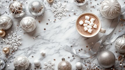 A cozy setting featuring hot chocolate topped with marshmallows surrounded by festive decorations.