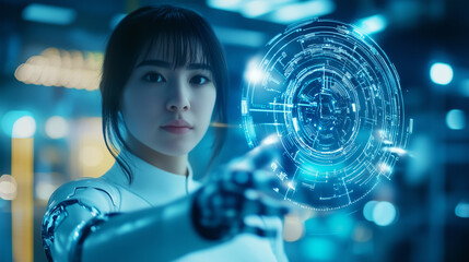 Naklejka premium Concept Industry 4.0. Artificial intelligence automation of product manufacturing on smart factory. Ai uses intellectual management of industrial processes. Robot woman holding in