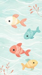 Obraz premium Colorful Cartoon Fish Swimming in a Playful Underwater Scene with Soft Waves and Gentle Plant Life in a Serene Aquatic Environment