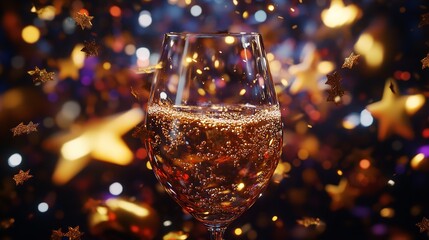 Bubbling Champagne Glass Surrounded by Gold Confetti Stars