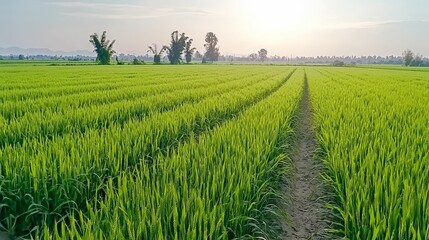 Obraz premium background concept. Lush green rice field stretching towards the horizon under a bright sky.