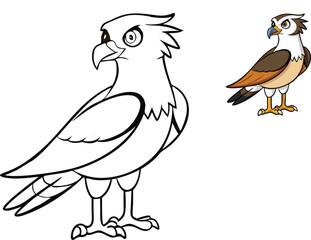 A detailed coloring page featuring an osprey, a majestic sea bird with sharp eyes, a white underbelly, and dark wings, soaring over water or perched on a tree.