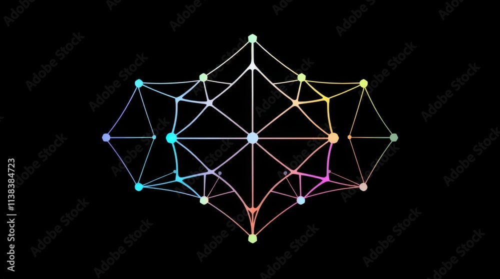 Poster vibrant network visualization showcasing interconnected nodes and edges in a colorful, abstract desi