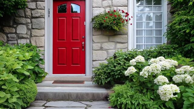 Bright red door framed by lush greenery highlights suburban charm of welcoming home exterior